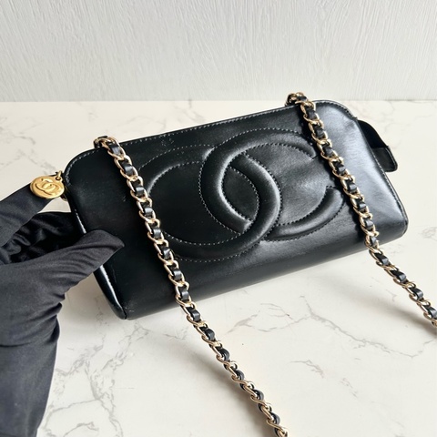 Chanel黑金色皮革斜背包 單肩包 側背包 中古包 二手包 古董包