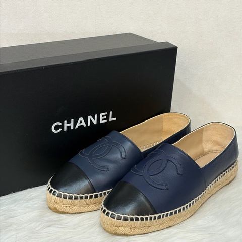 CHANEL G29762 黑拼藍 羊皮 厚底 鉛筆鞋 鬆餅鞋 草編鞋 休閒鞋 平底鞋