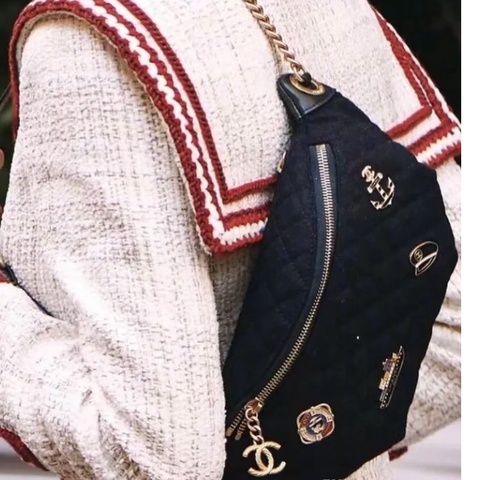 💎Chanel香奈兒｜waist漢堡系列海軍限量徽章款腰包/胸包｜黑色毛呢格紋拼皮｜99新