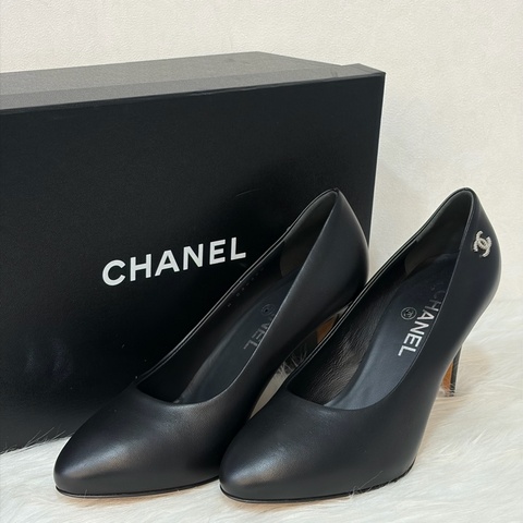 CHANEL G34298 黑皮 雙C 銀logo 高跟鞋 跟鞋 晚宴鞋