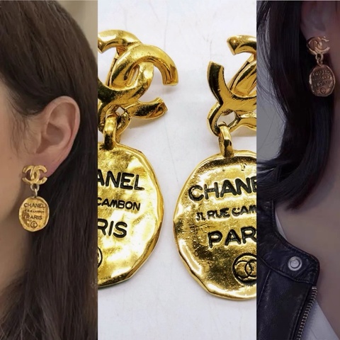 Chanel香奈兒✨31 RUE COMBON 康朋（康鵬）系列復古金雙C logo橢圓盤形吊墜✨夾式耳環 古董耳夾
