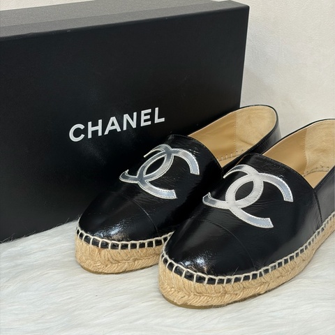 CHANEL G29762 黑色 漆亮羊皮 厚底 鉛筆鞋 鬆餅鞋 草編鞋 休閒鞋 平底鞋