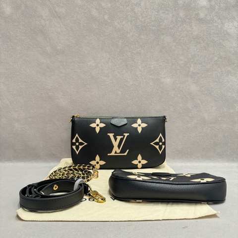 LV路易威登 Louis Vuitton 老花黑色全皮壓紋二合一手提包單肩包斜挎包 金扣 芯片款