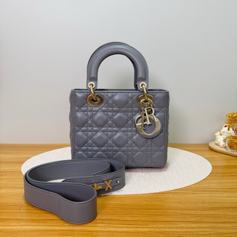 迪奧/Dior 戴妃五格徽章款 手提包斜挎包單肩包 大象灰 金扣