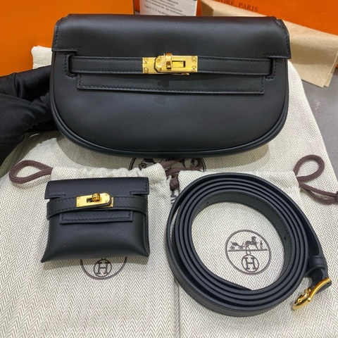 Hermes愛馬仕 黑金kelly moove單肩包斜挎包子母包 swift皮 底長19cm