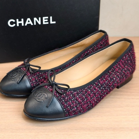 Chanel香奈兒 經典芭蕾舞鞋 酒紅粗花呢 37.5碼