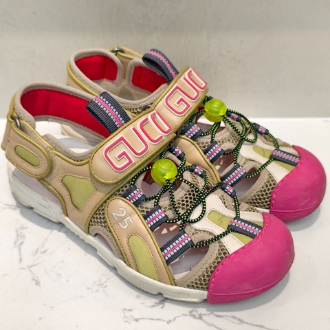 Gucci古馳 魔術貼拼色涼鞋 37.5碼