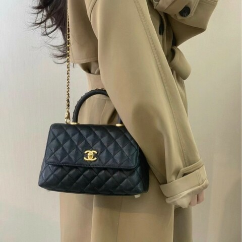 Chanel 23p黑金cocohandle皮穿鏈手柄小號