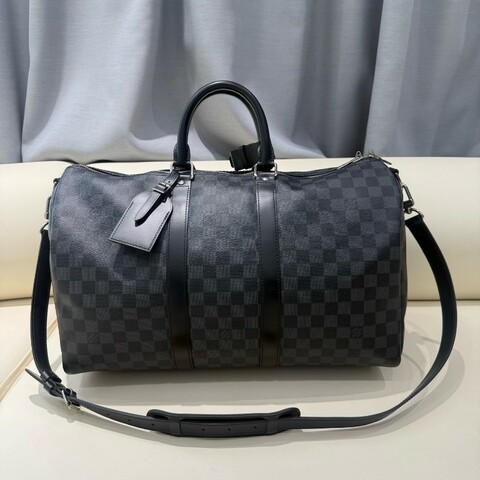 Louis Vuitton keepall45經典黑色棋盤格手提斜挎旅行袋