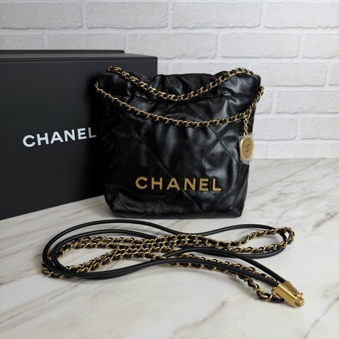 香奈兒Chanel Mini 22 Bag 黑金 迷你垃圾袋 （可拆背帶）
