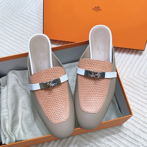 全新閒置 hermes 愛馬仕 kelly拖鞋/穆勒鞋 蜥蜴半拼 36.5碼