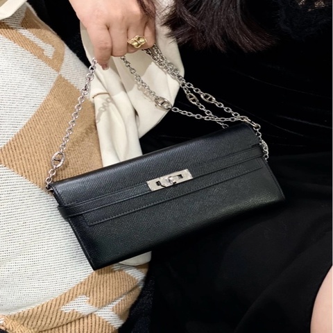 Hermes愛馬仕 黑銀Kelly Long長錢包 變身Kelly tEpsom皮框P