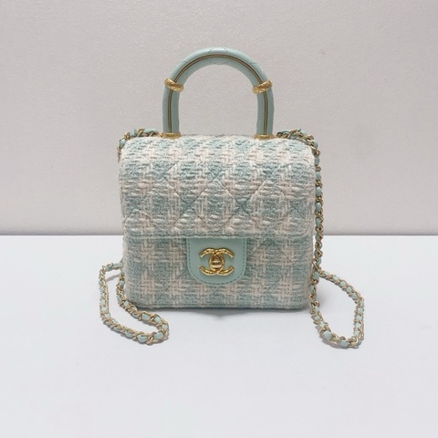 Chanel 香奈兒23S薄荷綠毛呢手柄盒子包 毛呢淡金扣牛奶盒子鏈條包，芯片款 98新
