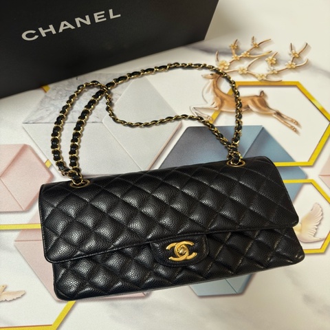 CHANEL 香奈兒,中號cf荔枝紋牛皮金扣黑色 29開