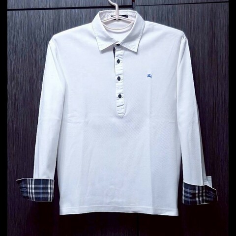 （日本製MIJ）絕版BURBERRY 博柏利 BLACK LABEL 黑標 戰馬 男白色網眼布長袖POLO衫2號