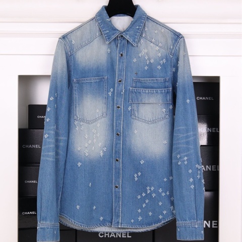 Givenchy 蓝色丹宁做旧破损十字架两口袋衬衫夹克上衣外套