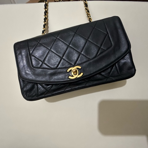 chanel菱格羊皮皮革vintage Diana Bag金球鏈帶肩背袋黑色