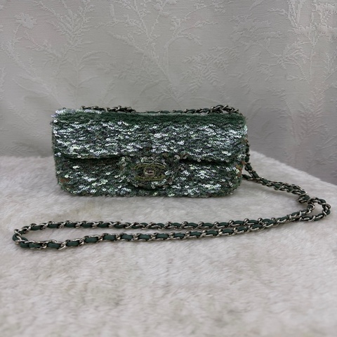 Chanel Green Sequins and Satin Mini Square Classic Flap Bag