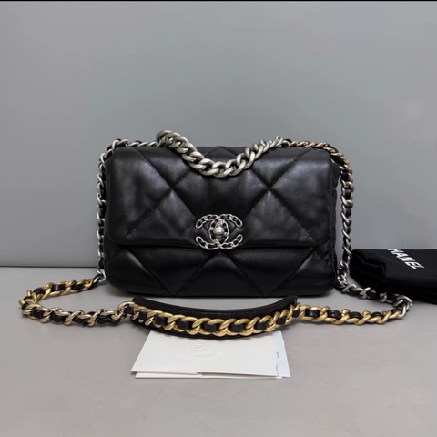 Chanel香奈兒 19bag小號黑銀全皮菱格包 芯片款