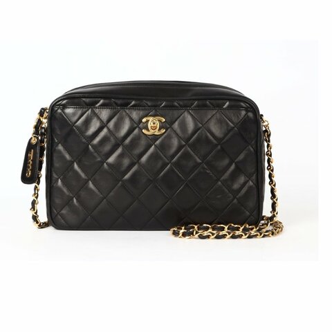 A01 Chanel 羊皮黑金相機包