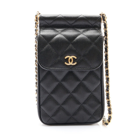黑色 荔枝紋牛皮 Phone Holder 肩背包【CHANEL 香奈兒】 AP3038