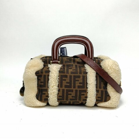 FENDI 老花帆布羊羔毛波士頓手提包肩背包