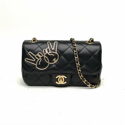 CHANEL 黑色羊皮23開淺金扣剪刀手大mini鏈條包肩背包