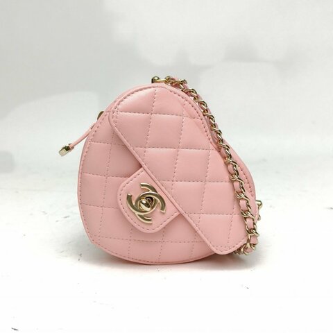 CHANEL 粉色羊皮鐳射標金扣25B桃形愛心斜挎包肩背包