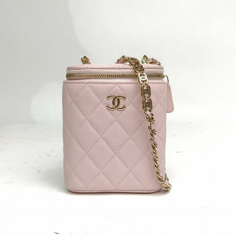 CHANEL 粉色牛皮31開淺金扣櫻花粉化妝盒鏈條雙C肩背包