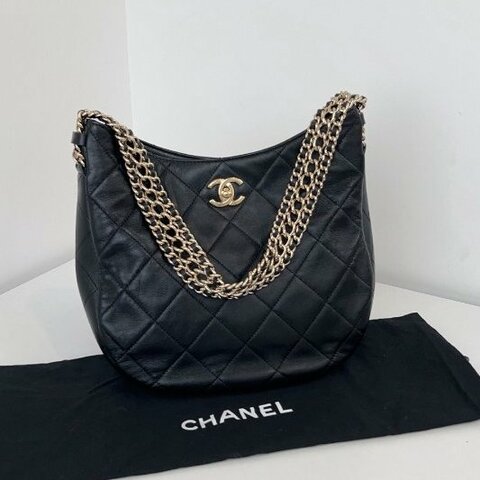 芯片款 香奈兒/Chanel 黑金瀑佈肩帶 Hobo嬉皮包