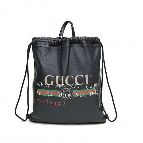 GUCCI Printleather抽繩雙肩包中號黑色塗鴉款肩背包