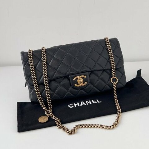 香奈兒/Chanel 黑金牛皮金幣CF Jumbo鏈條包