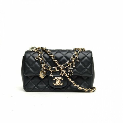 CHANEL 黑色羊皮30開淺金扣CF大mini情人節限定肩背包