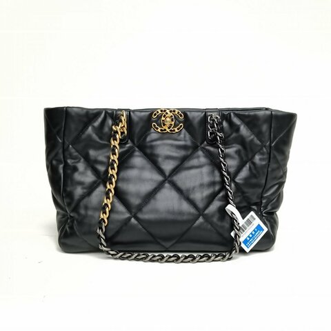 CHANEL 19BAGTote托特包黑色羊皮晶片金銀扣肩背包