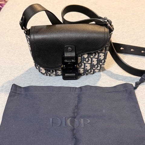 DIOR 迪奧 黑色 藍色緹花 MINI 馬鞍包 肩背包 斜背包