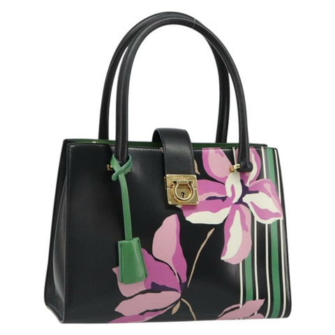 Salvatore Ferragamo Gancini 手提包，黑色皮革，金色，正品，貨號 185609A