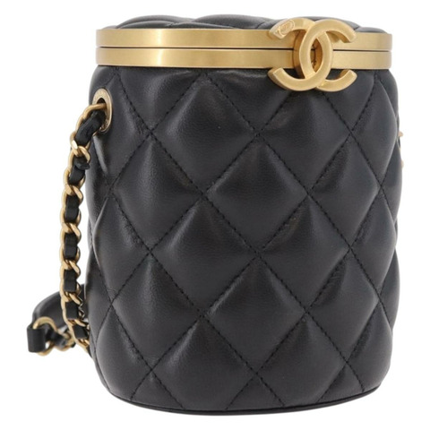 香奈兒 (CHANEL) Matelasse Chain Vanity Bag Lamb Skinn Black Gold CC Auth 187609SAM