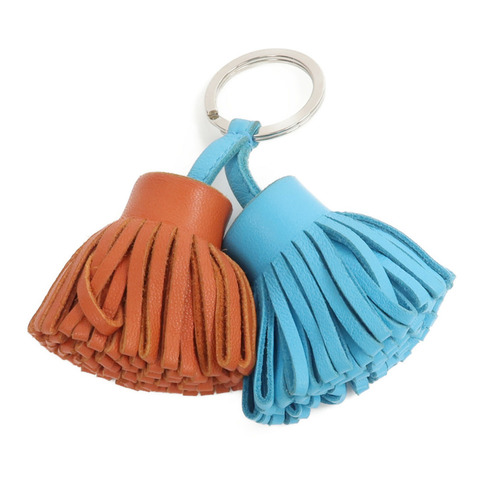 HERMES Milo皮革Carmen Uno-Dos Key Ring掛飾Orange Poppy/Bleu Azteque