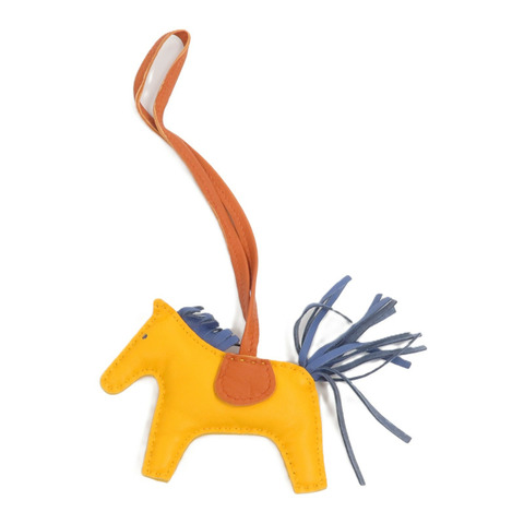 HERMES Milo皮革Rodeo PM掛飾Jaune D'Or/Bleu Agate/Cornaline