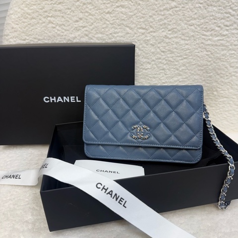 Chanel 灰藍色23k 菱格紋雙C鏈條包