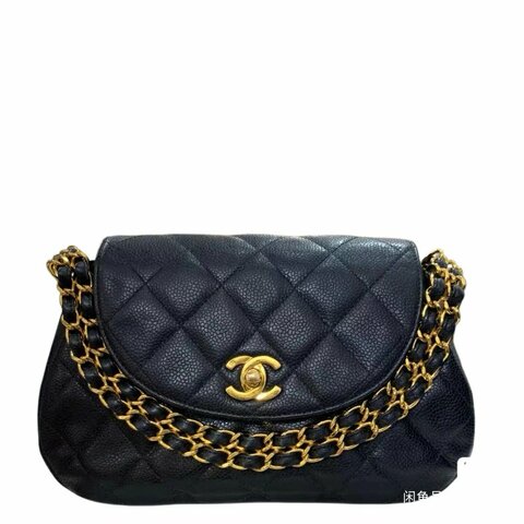 CHANEL 黑金魚子醬菱格紋雙C扣鏈條包