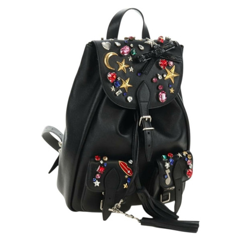 SAINT LAURENT 黑色銀色真皮雙肩包 Auth 185905SM