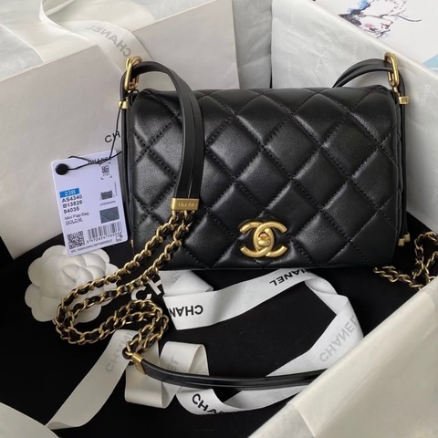 CHANEL黑金釦牛皮雙鏈條側背包AS4340