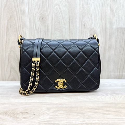 CHANEL黑金釦牛皮雙鏈條側背包AS4340