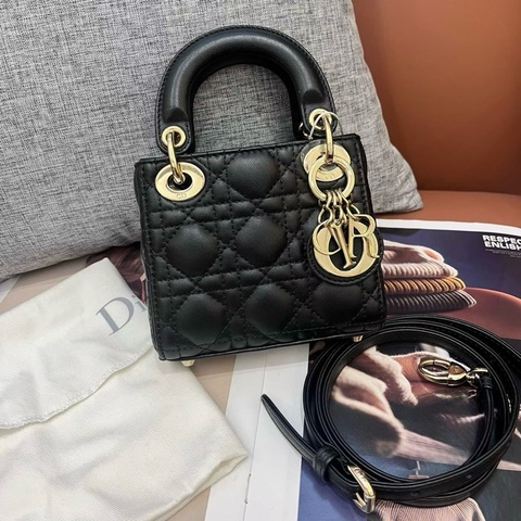 Dior迪奧 三格超迷你黑金戴妃包 手提包斜挎包 底長12.5cm