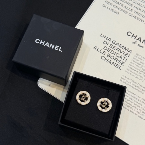 CHANEL白色金LOGO圓圈黑金琺瑯雙C耳環
