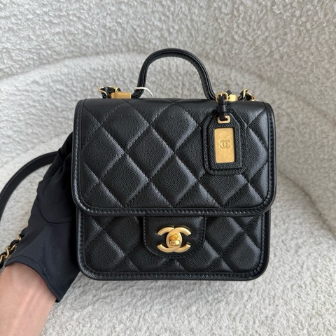 Chanel 香奈兒 黑金荔枝紋竪版名牌郵差包手提包斜挎包 芯片款