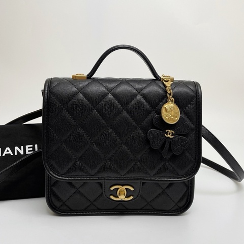 Chanel香奈兒 黑金四葉草金幣手提包斜挎包 荔枝紋牛皮