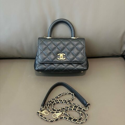 芯片款 香奈兒/Chanel Coco Handel mini 黑金荔枝牛皮