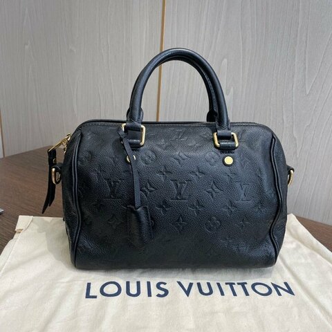路易威登/Louis Vuitton 全皮黑色壓紋Speedy25 紫紅內裡 無肩带